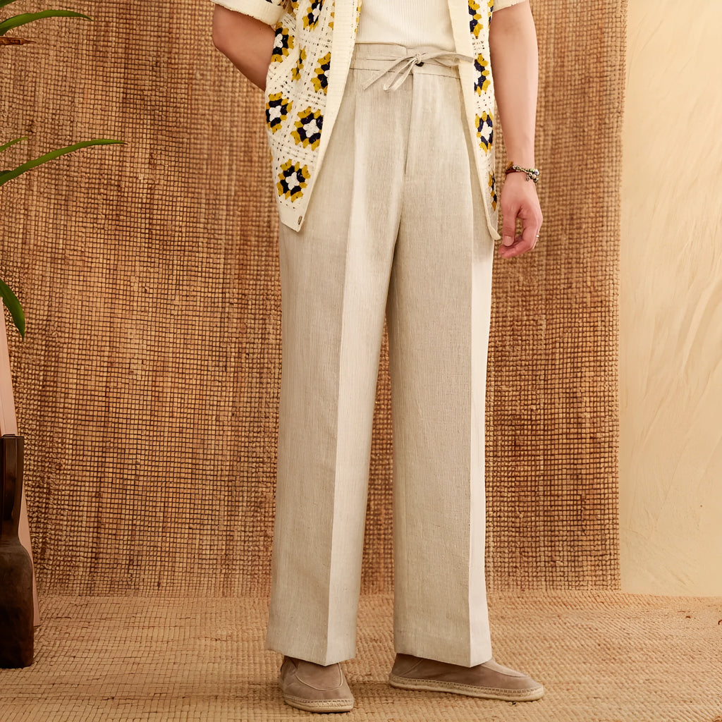Linen high waist trousers with elasticated waistband and lace detail in navy blue, white, or greige colours
