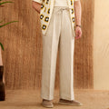 Linen high waist trousers with elasticated waistband and lace detail in navy blue, white, or greige colours