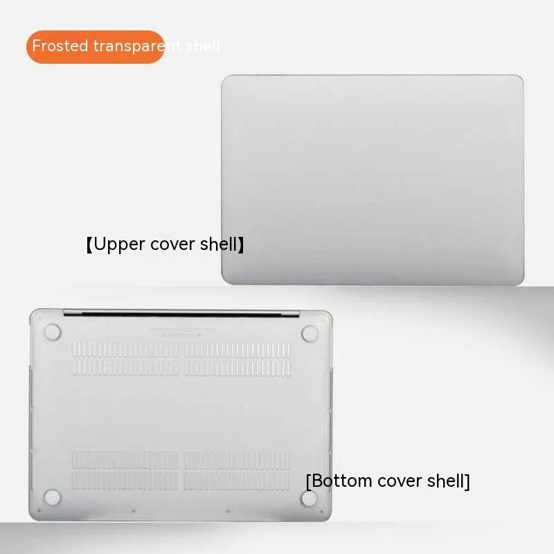 Hard plastic MacBook protective case shown in crystal transparent, black, frosted, and matte black finishes.