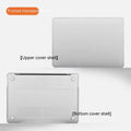 Hard plastic MacBook protective case shown in crystal transparent, black, frosted, and matte black finishes.
