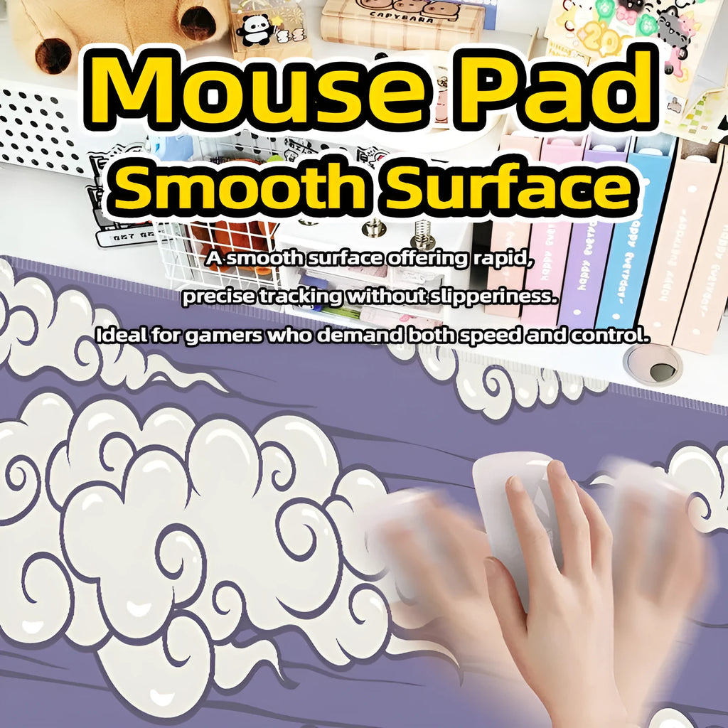 Large cloud pattern mouse pad with non-slip rubber base on a desk