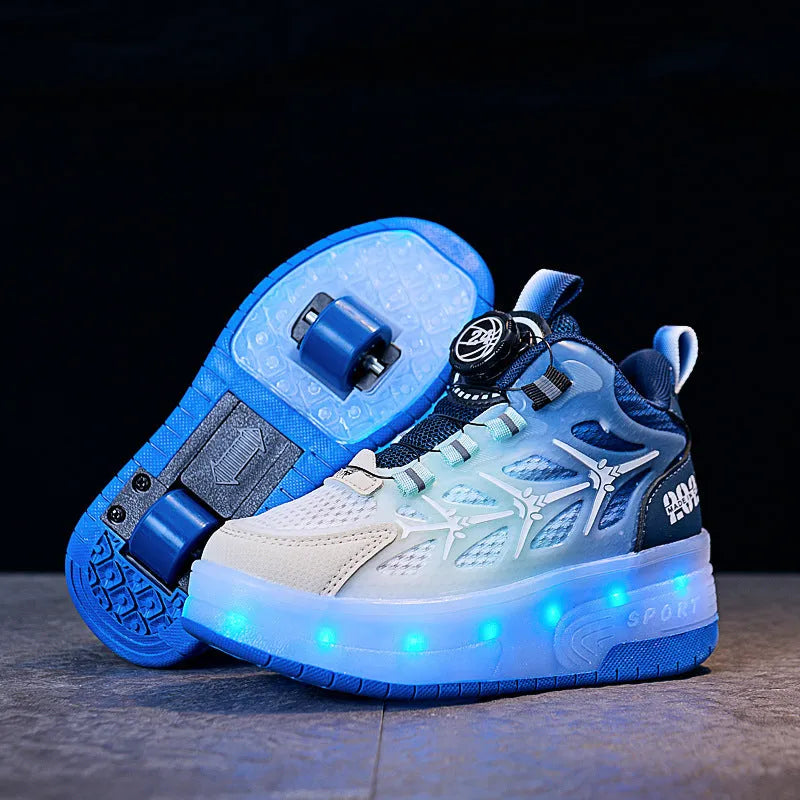 Children's flash knob roller skating shoes with rotating button in blue, black, or pink colours