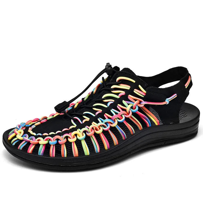 Woven sandals with elastic drawstring tie in rainbow colour with rubber sole