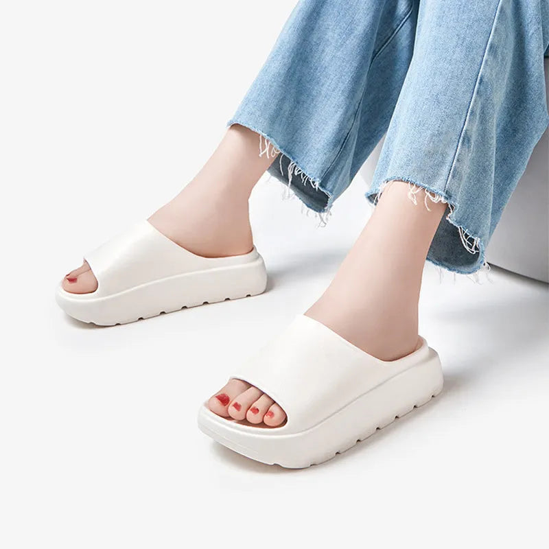 Women's thick soled beach slippers with fish mouth design in beige, black, khaki or rose red colours