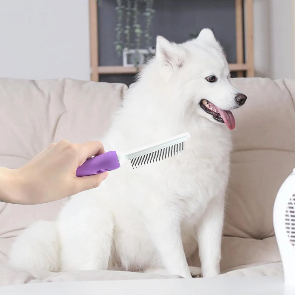 Purple pet grooming comb with stainless steel teeth for detangling dog and cat fur