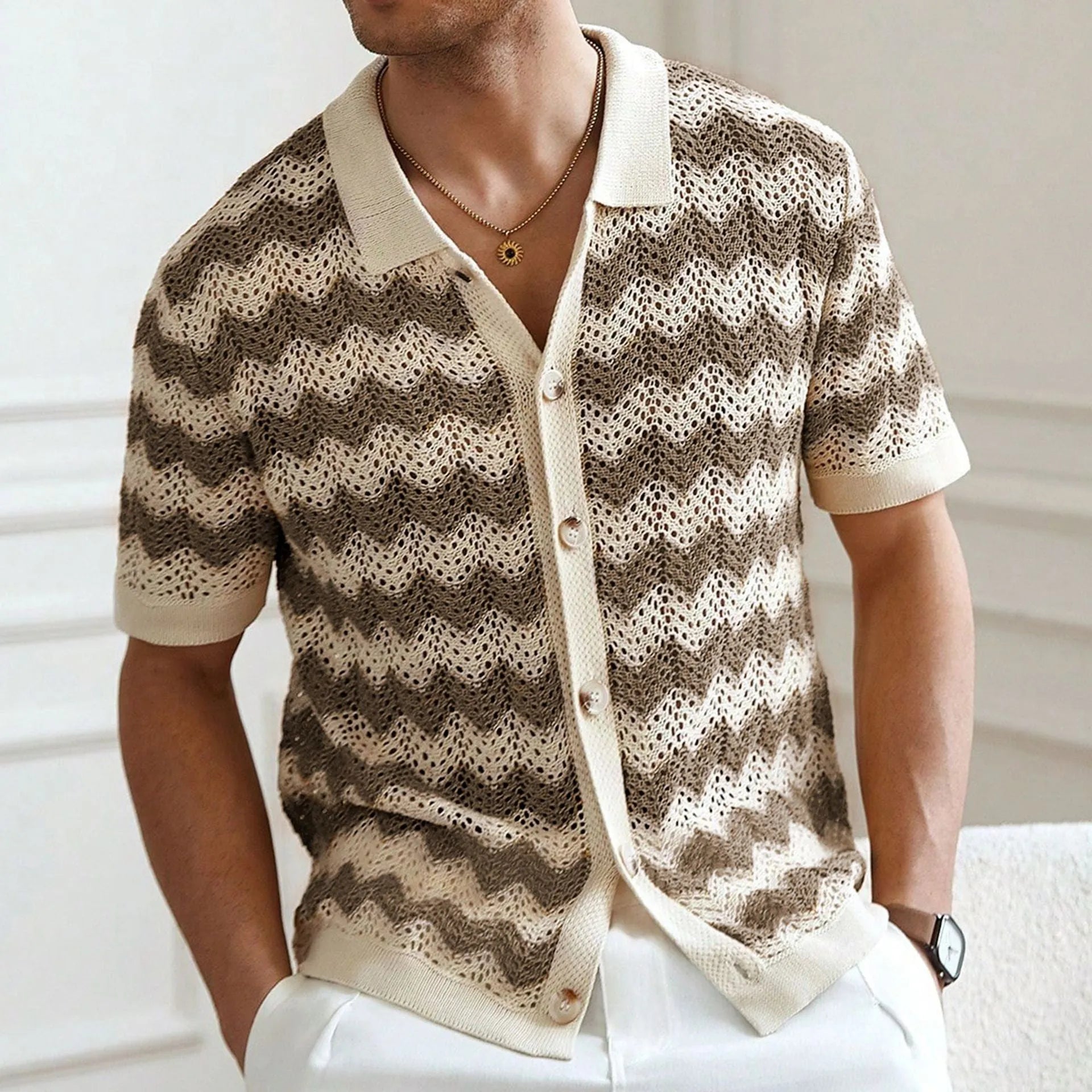Hollow jacquard corrugated short sleeve sweater in Tencel viscose fabric showing textured knit pattern