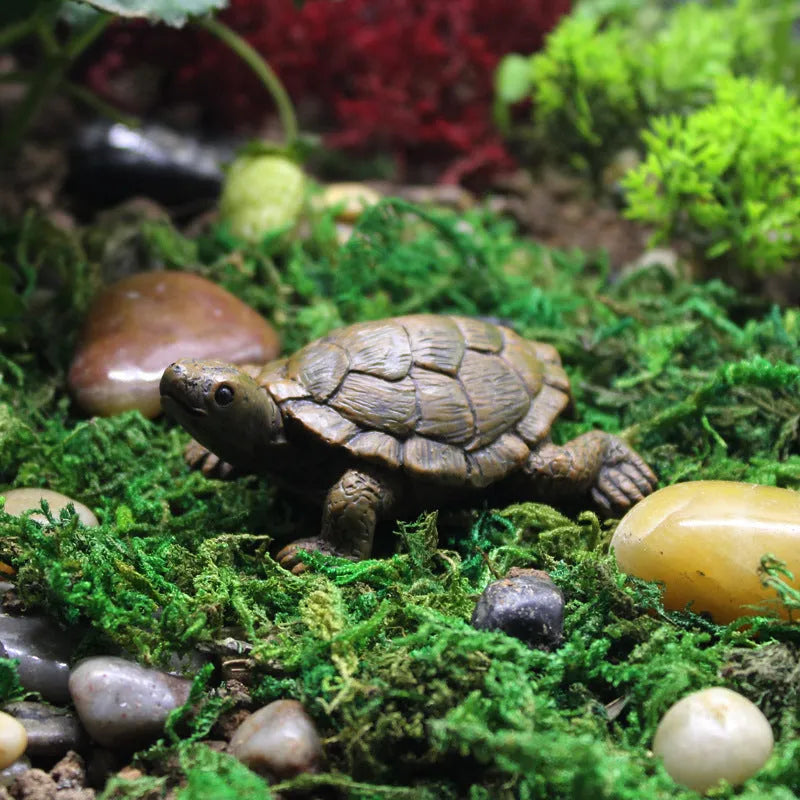 Small green and brown simulation turtle resin ornament for fairy garden and micro landscape decoration.