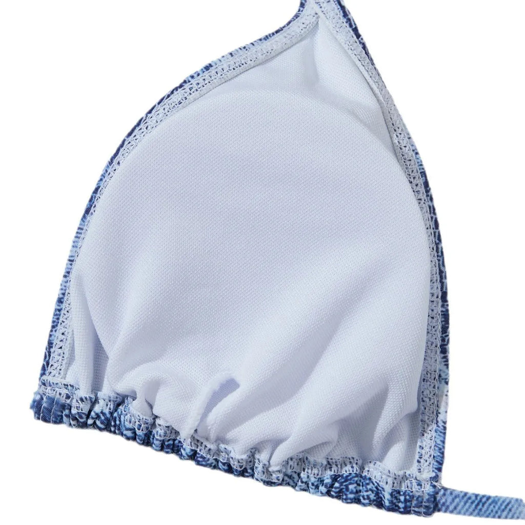 Women's denim blue printed bikini swimsuit with adjustable straps