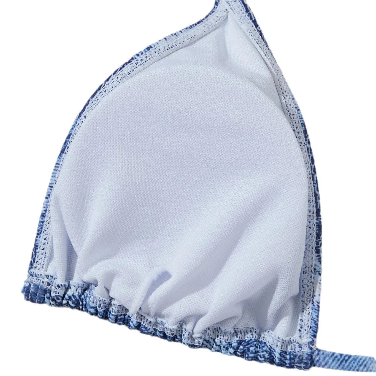 Women's denim blue printed bikini swimsuit with adjustable straps