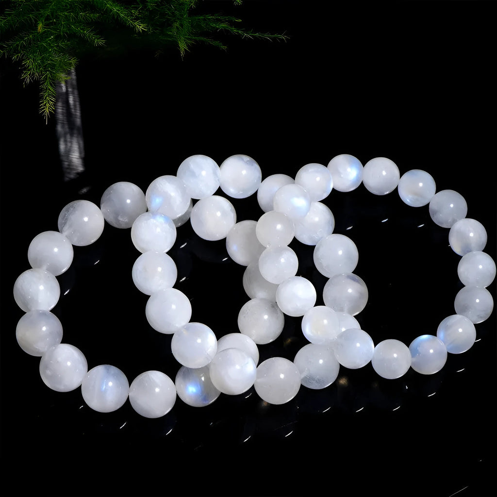 Natural blue moonlight polished moonstone round bead bracelet showing multiple diameter size options