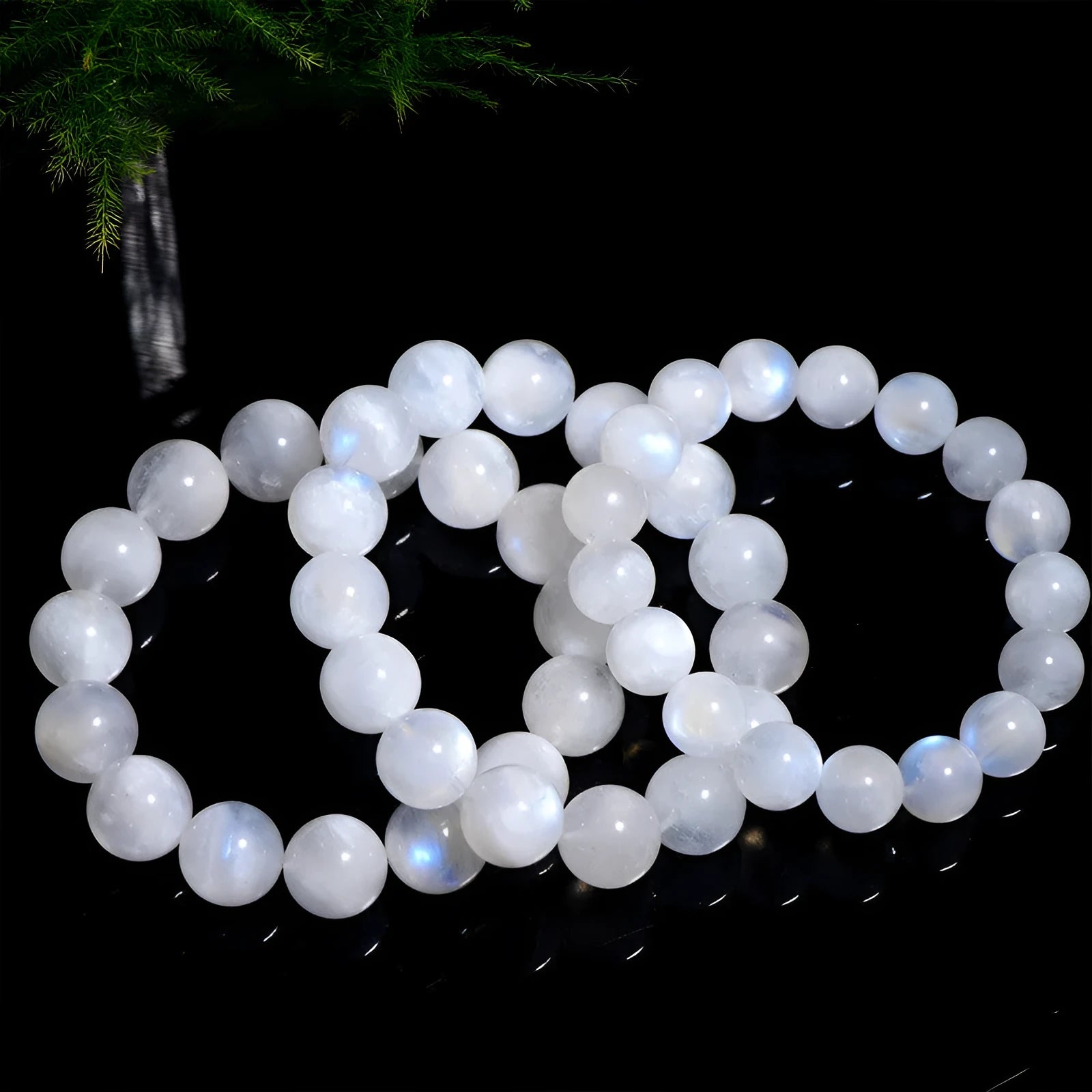 Natural blue moonlight polished moonstone round bead bracelet showing multiple diameter size options