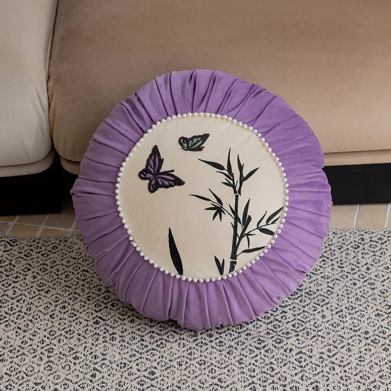 Square butterfly embroidery couch pillow with Chinese pattern in beige, black, or purple