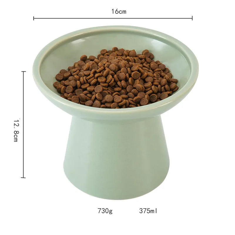 Ceramic elevated cat food bowl in blue with wide 16cm diameter and 12cm height