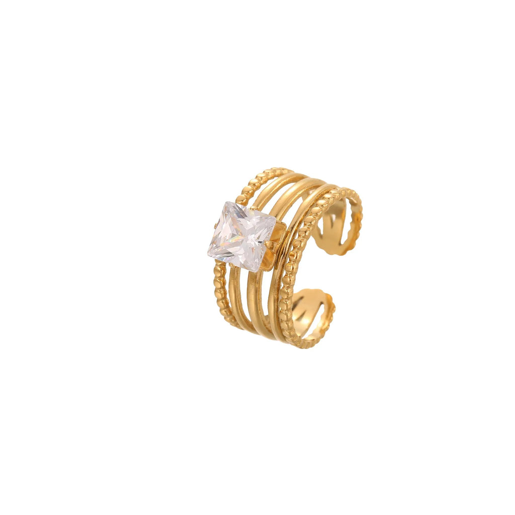 Gold inlaid zircon stainless steel ring with open mouth geometry heart drop design