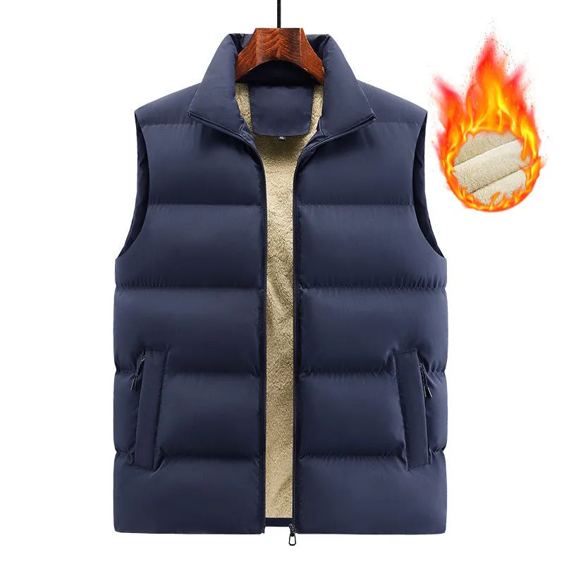 Men's striped lambswool vest or waistcoat in black, dark blue, or red, available in sizes M to 5XL.