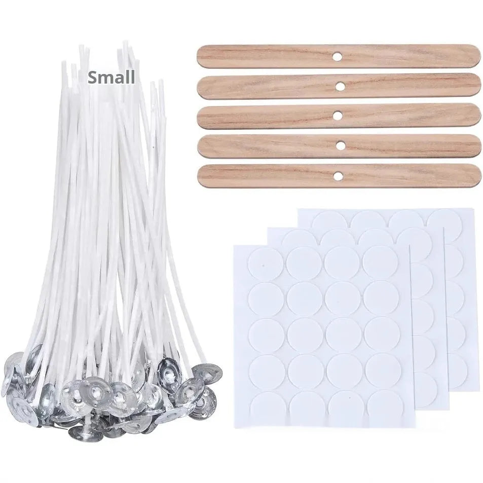 White cotton candle wicks in three lengths - 2.6cm, 6cm, and 8cm - for DIY candle making