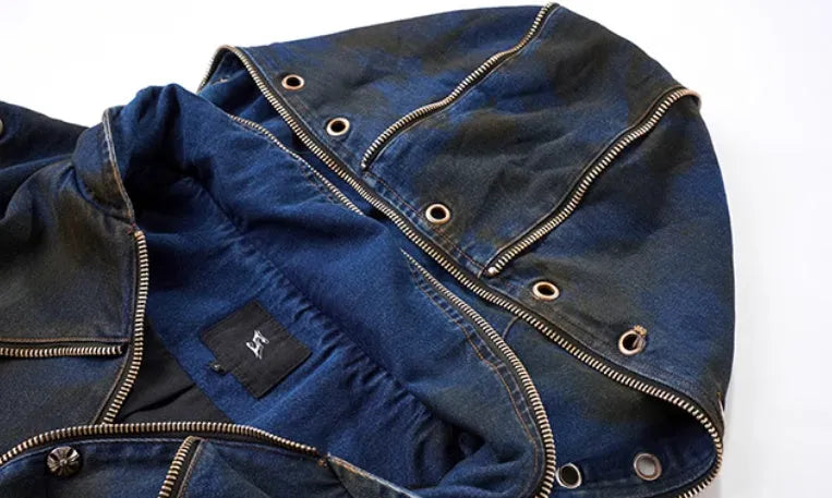 Blue Korean-style hooded denim vest coat and matching trousers outfit with front zipper closure