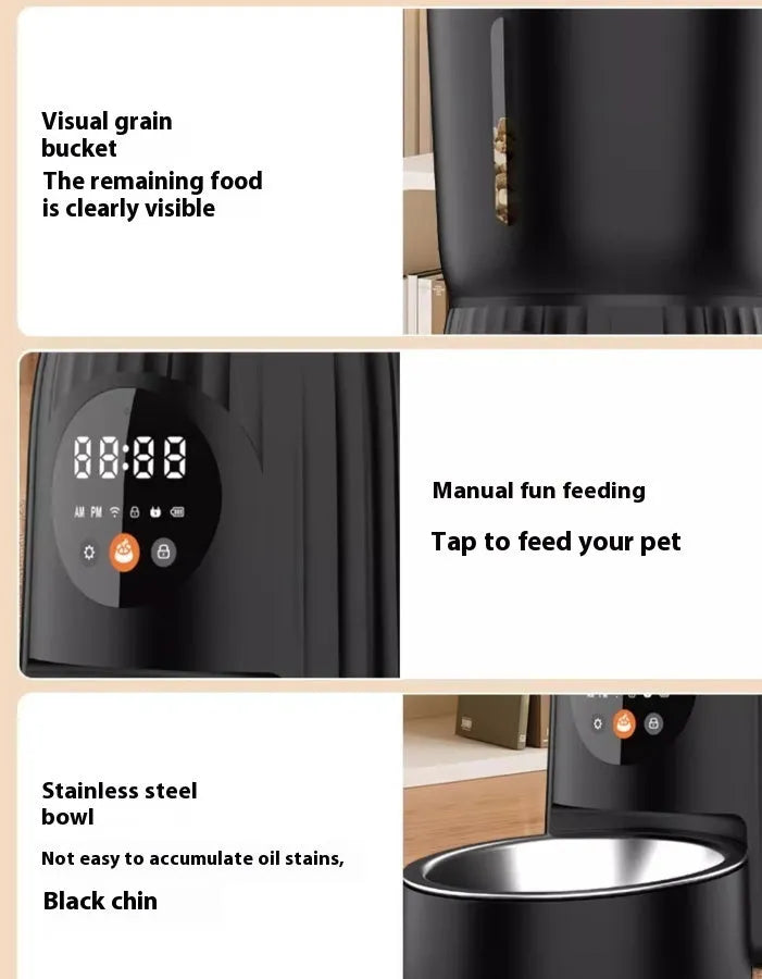 Black automatic pet feeder with digital display and food hopper for scheduled feeding