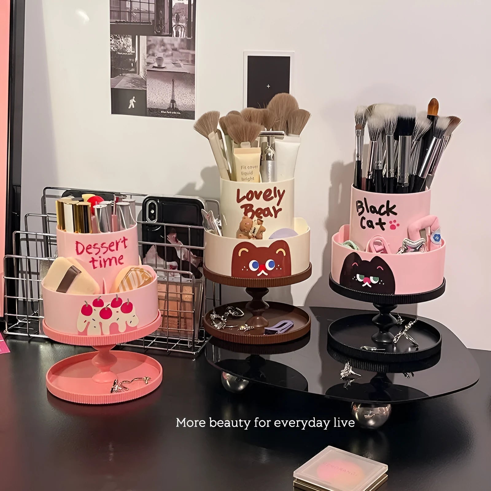 Beige rotating cosmetic brush storage barrel with 18-litre capacity on a table.