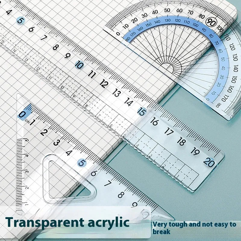 Youpai transparent acrylic four-piece drawing ruler set with square protractor on a white background