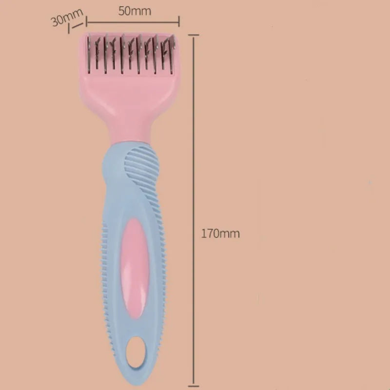 Pink pet grooming comb with stainless steel knot knife and massage brush tips measuring 170mm