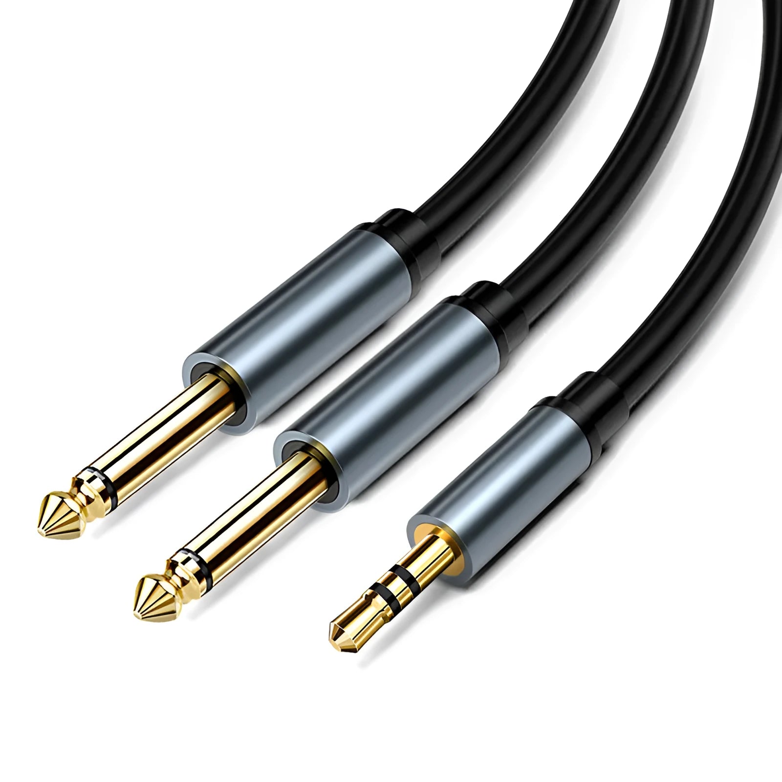 3.5mm to dual 6.5mm male audio cable with gold-plated connectors and black PVC finish