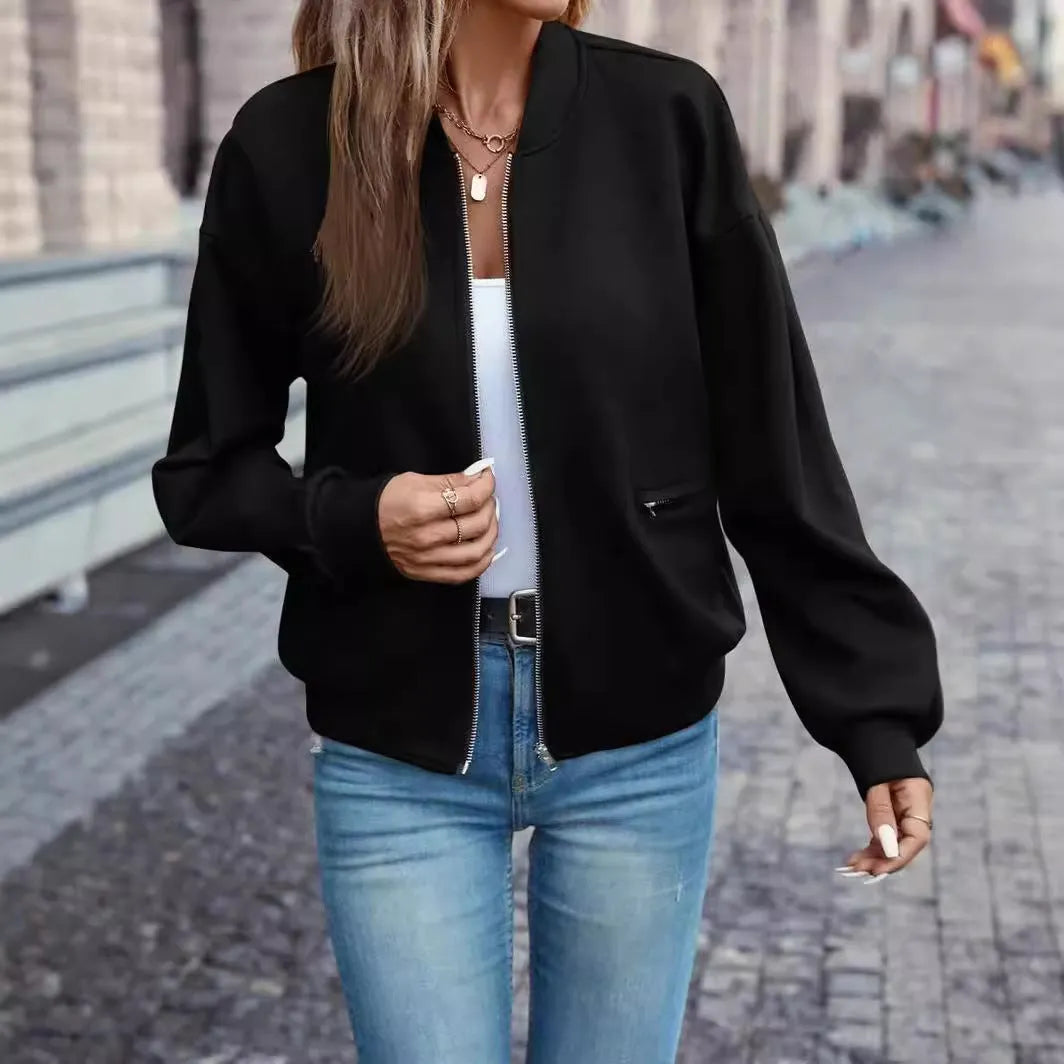 Black women's long sleeve zip jacket with faux pockets in a casual Korean style.