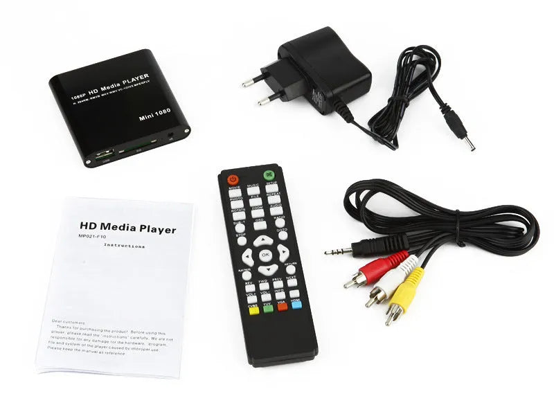 Compact black 1080p Full HD media player with HDMI port and remote control
