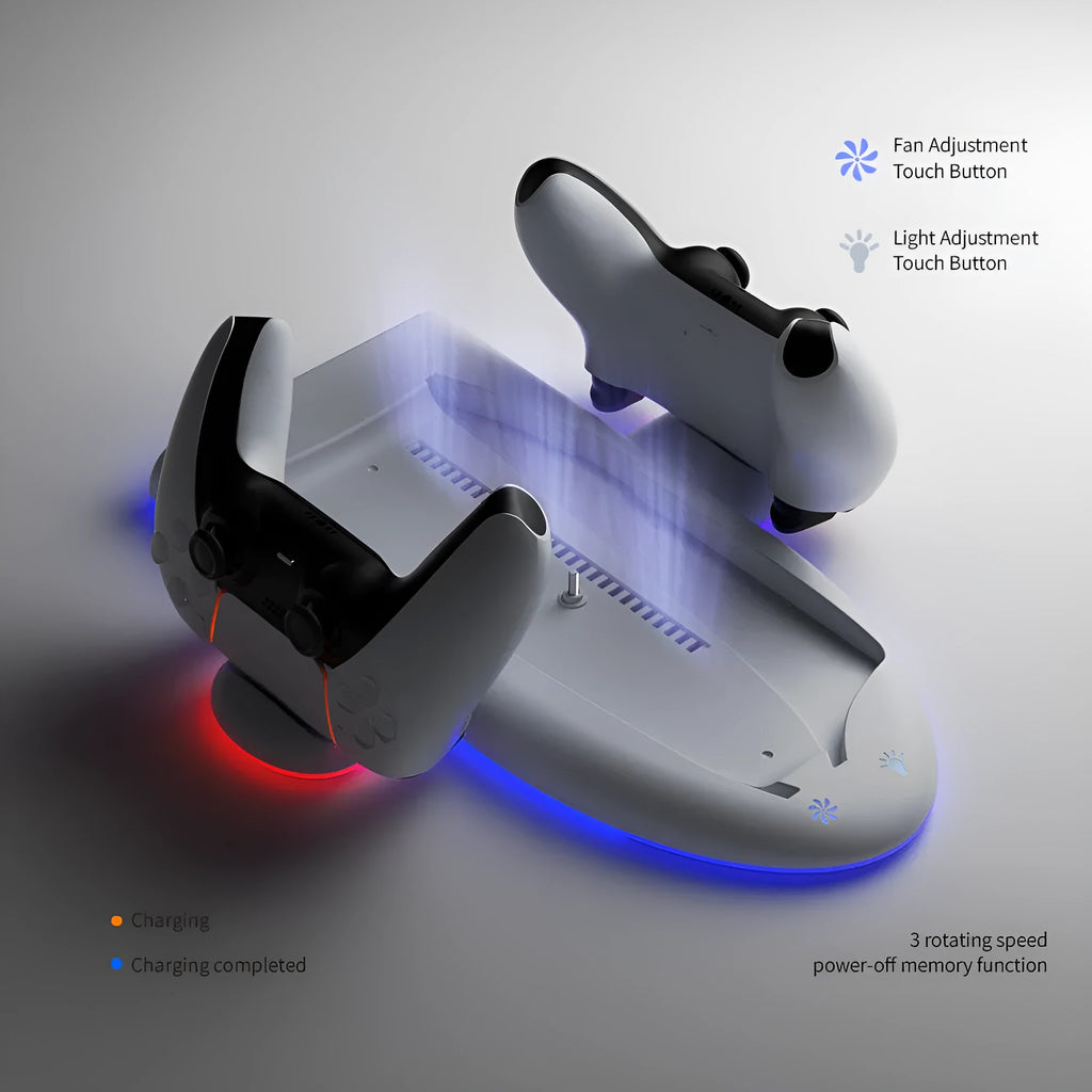 White PS5 Slim charging station with RGB lights and fixed controller charger