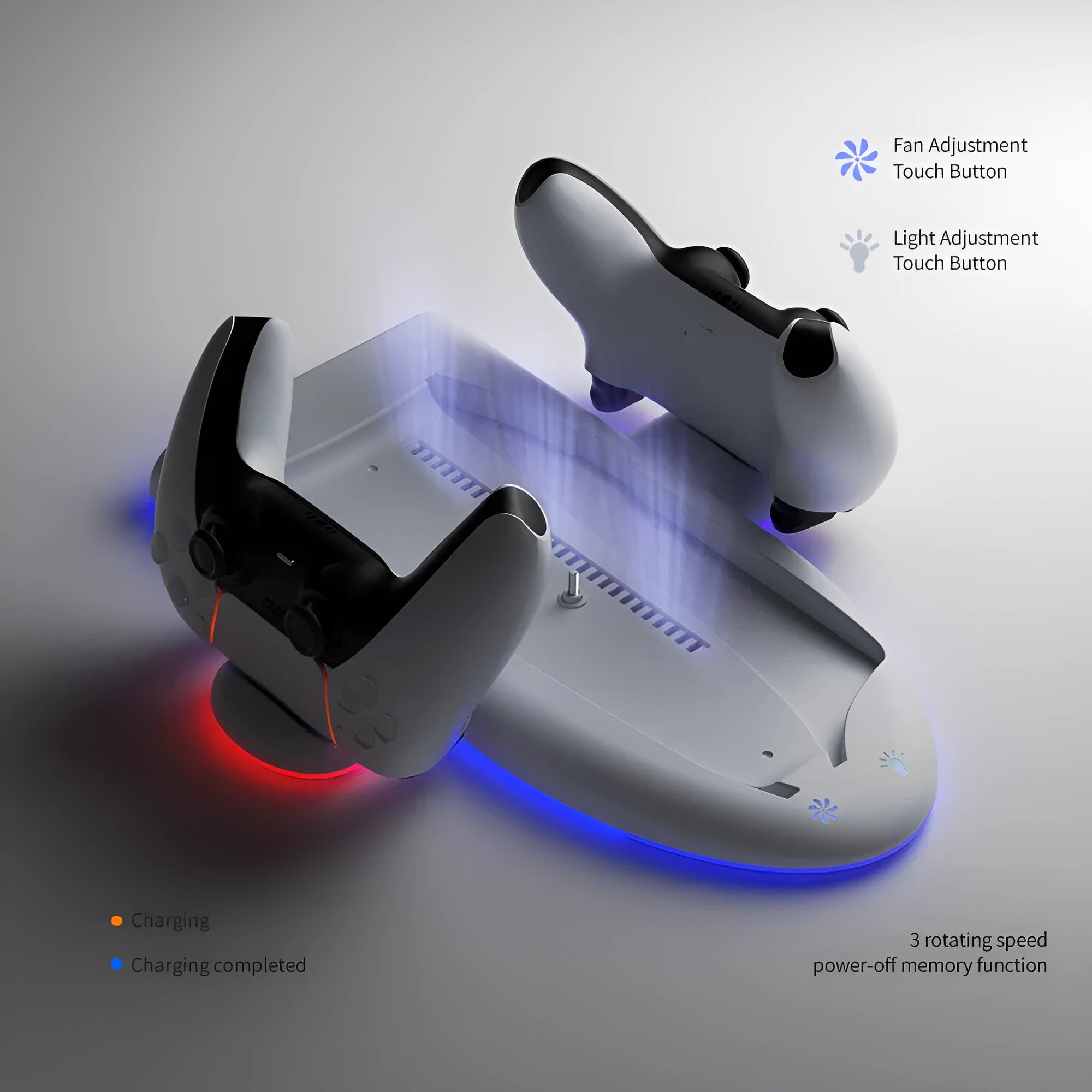 White PS5 Slim charging station with RGB lights and fixed controller charger