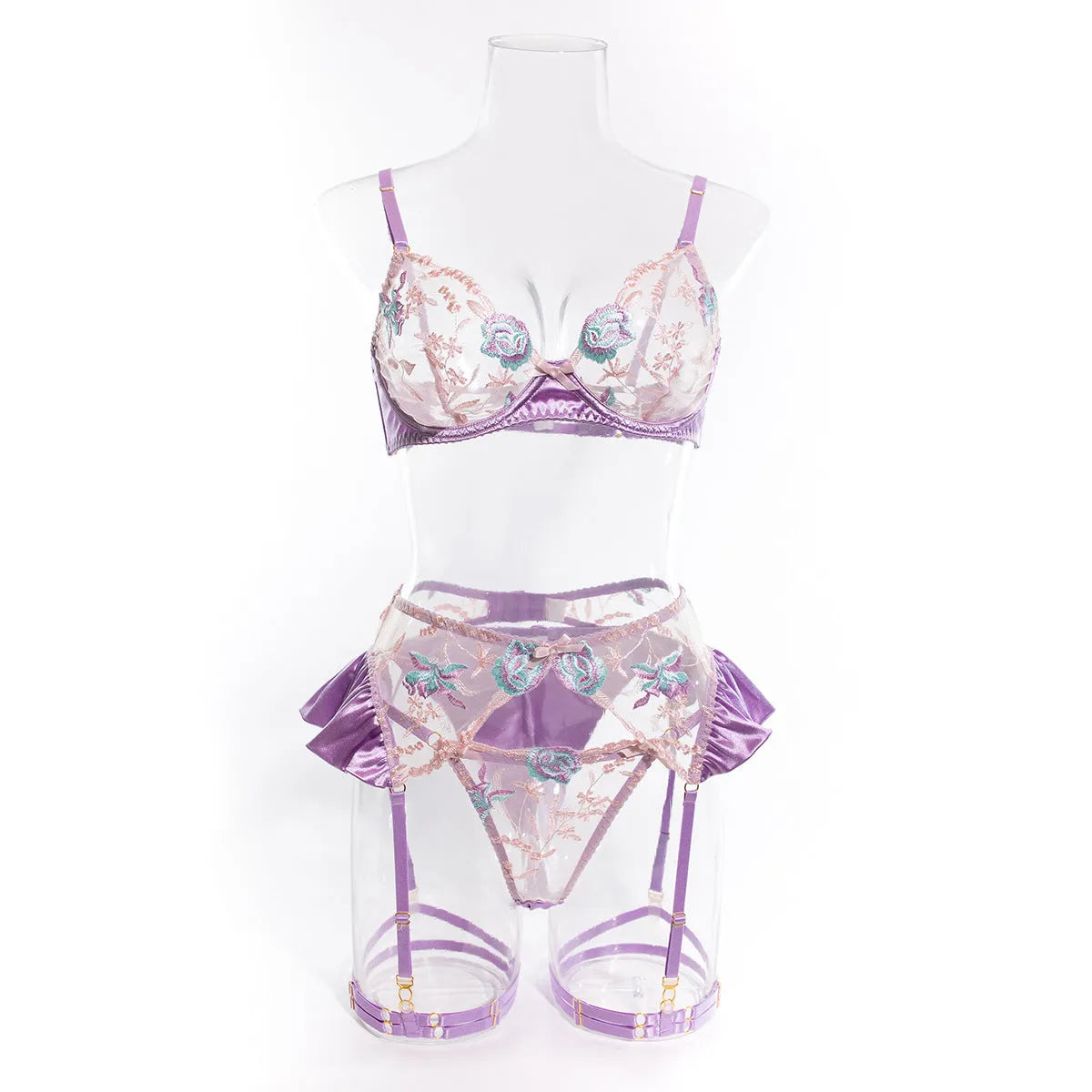 Light purple and champagne satin lingerie four-piece set showing front view