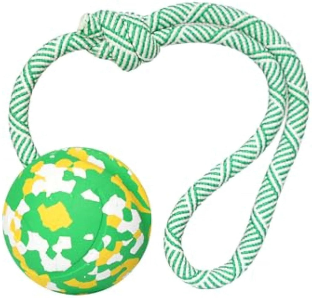Natural rubber and bamboo fibre dog ball attached to a nylon rope for interactive play