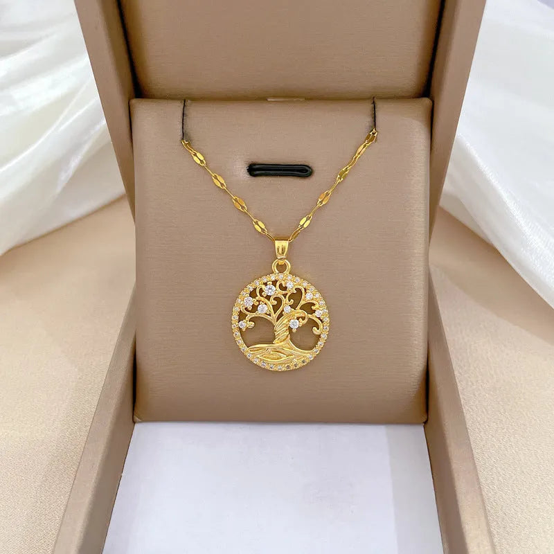 Gold-plated rhinestone lucky tree light necklace with mother-of-pearl detail on adjustable stainless steel chain
