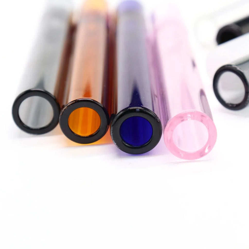 Clear straight glass telescopic smoke pipe suction nozzle on a plain background.