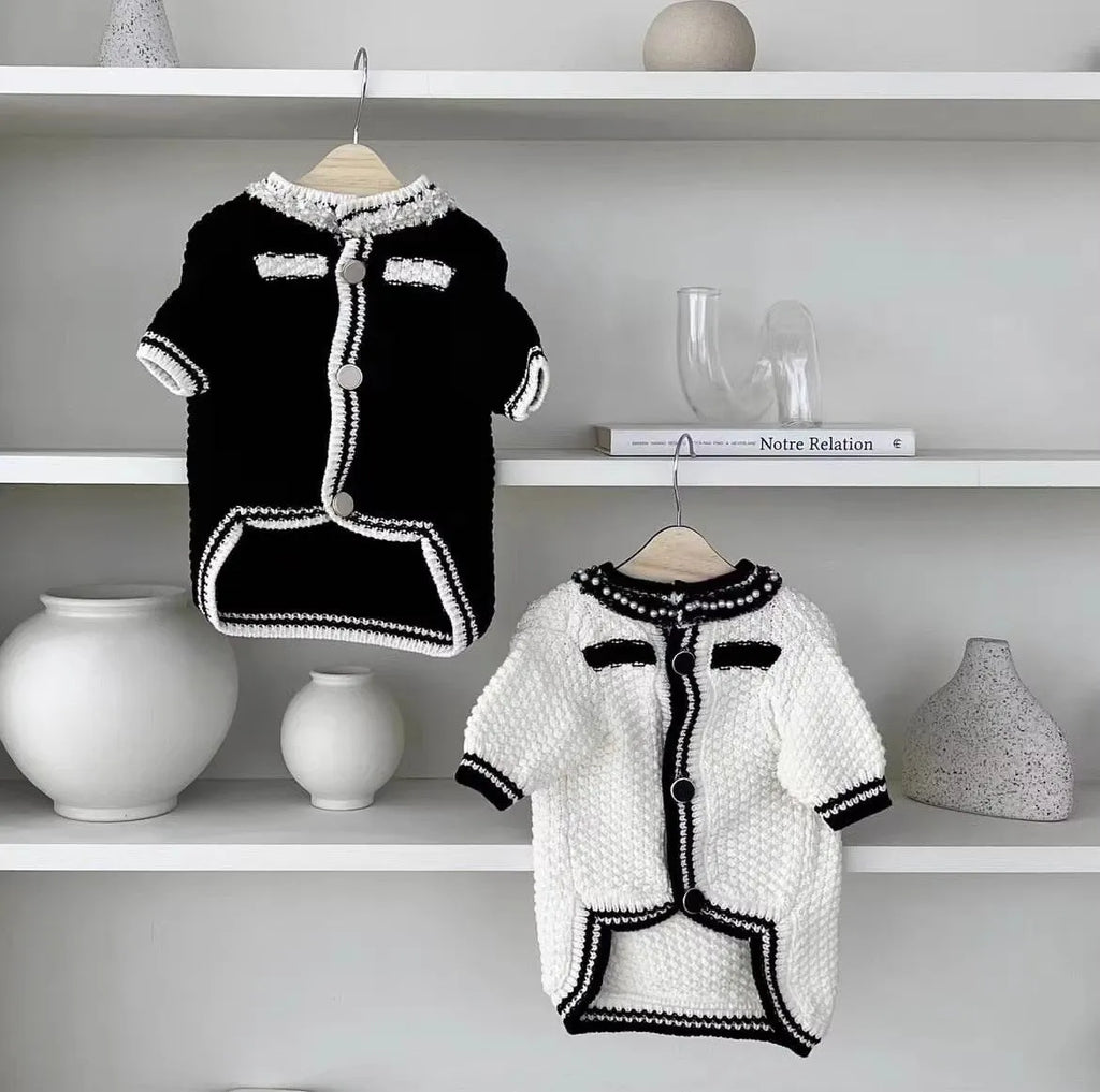 Korean style puppy sweater with pearl collar in black or white colour for small dogs