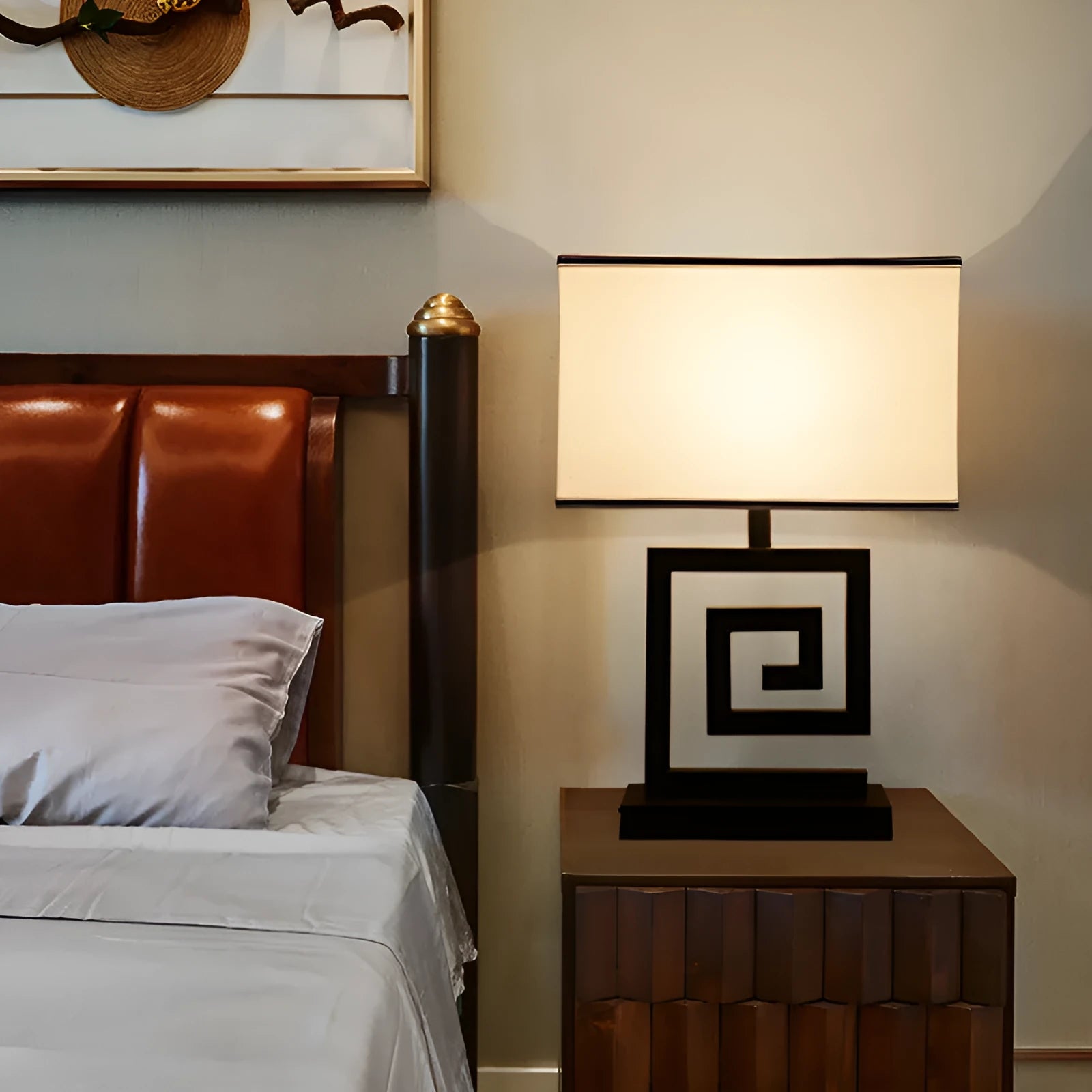 Retro modern Chinese table lamp with fabric lampshade and iron base on wooden side table
