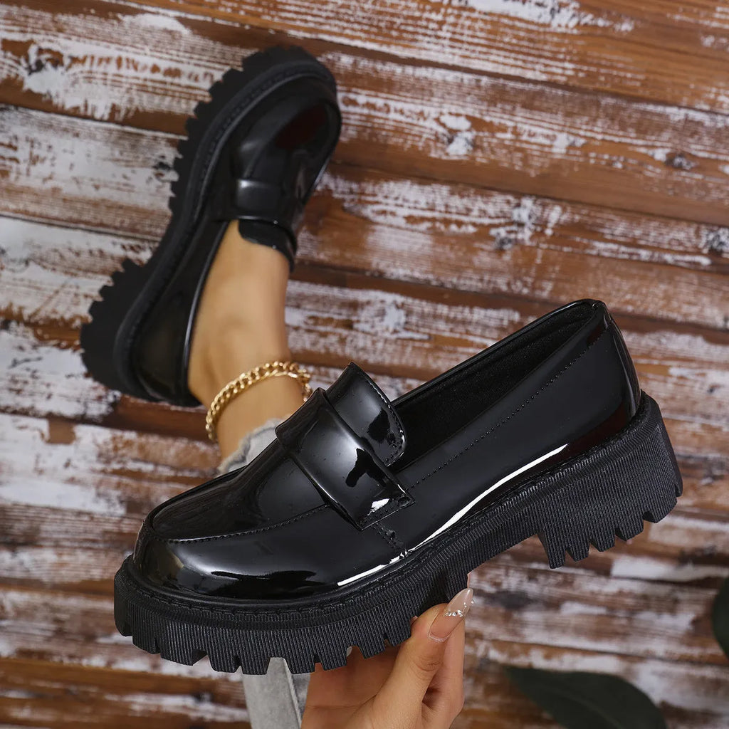 Plus size slip-on loafers with chunky platform heel in black, wine red or green colours