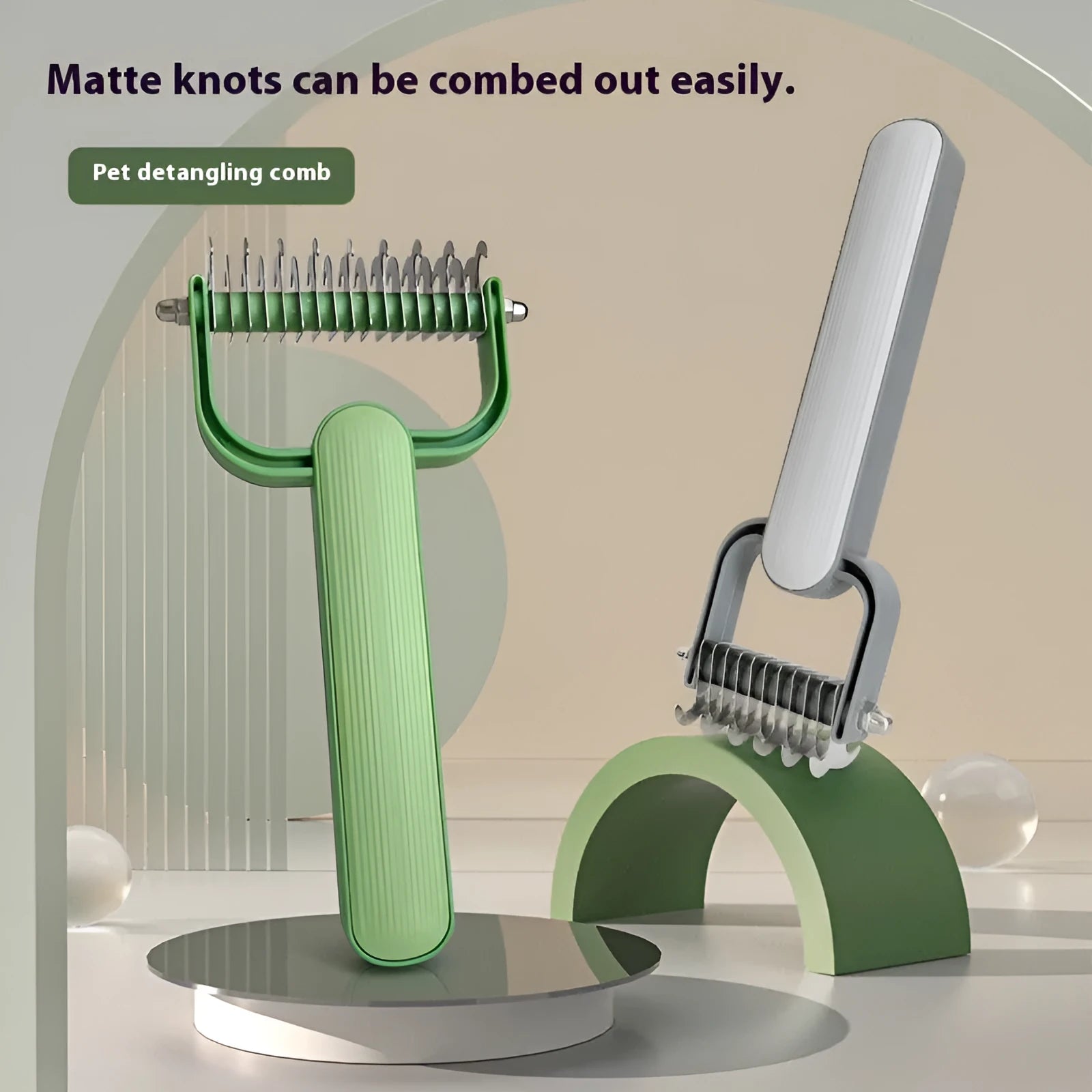 Dog grooming unknotting comb with green PP handle and stainless steel teeth