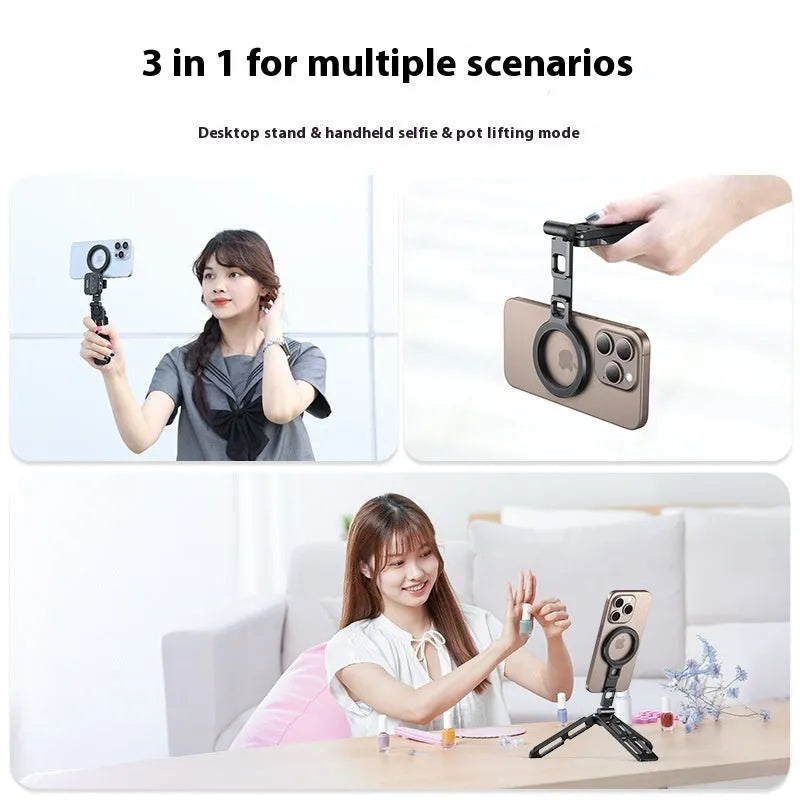 Black magnetic tripod bracket folded for travel, made of aluminum alloy, compatible with MagSafe and universal metal surfaces.