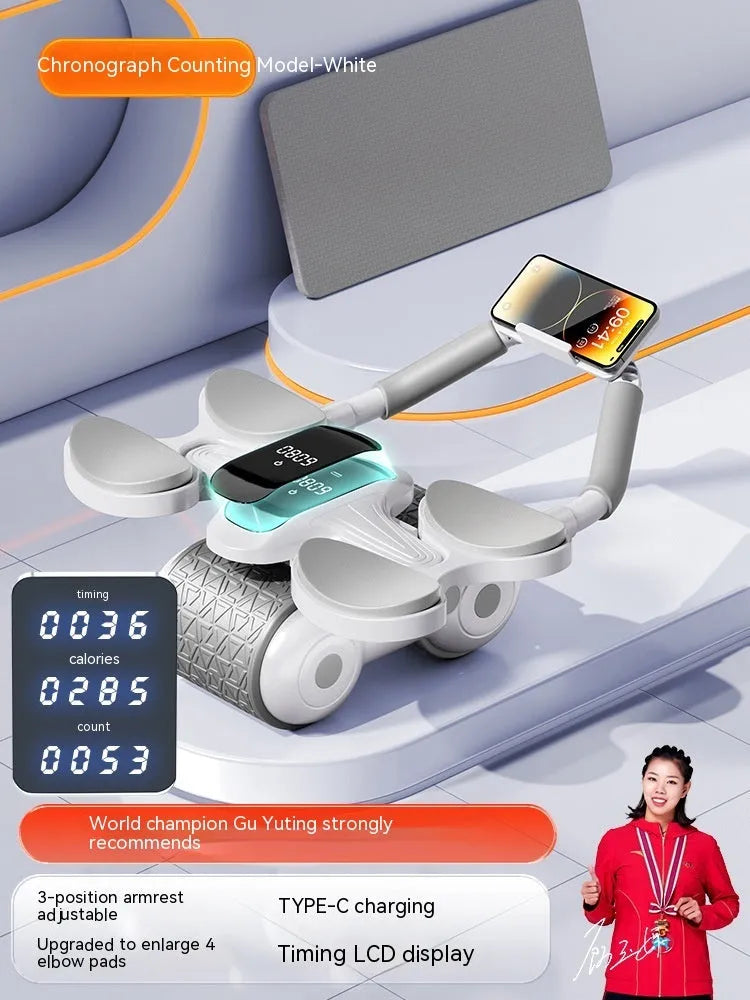 White household fitness roller with LED screen for belly contracting and rolling exercises.