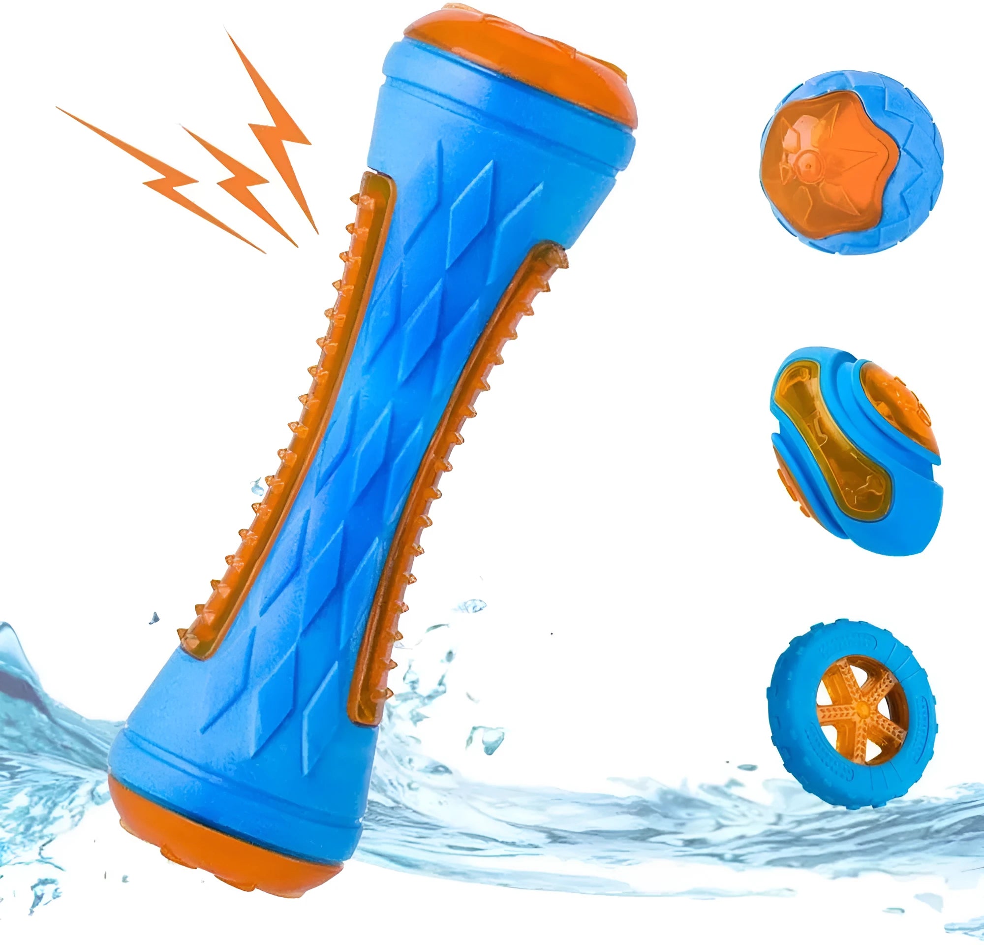 Three TPR floating dog toys: ball, barbell and tyres with bumpy texture for water fetch games