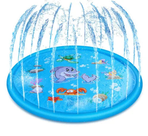 Blue PVC water spray play mat with marine animal graphics for outdoor children's water play
