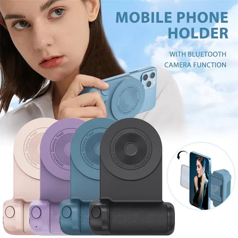 Black magnetic camera handle bracket for smartphone photography with rotatable design and ergonomic grip