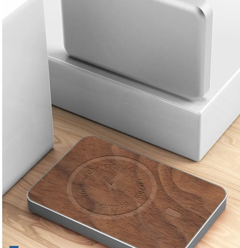 Khaki coloured magnetic wireless charging power bank with USB port showing dimensions