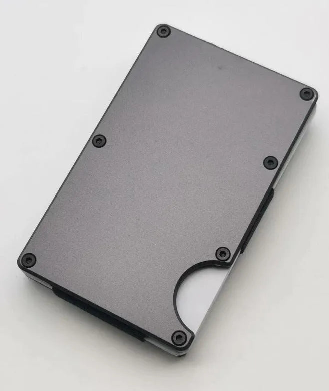 Aluminium grey carbon fibre wallet showing 7 card slots and RFID blocking protection