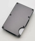 Aluminium grey carbon fibre wallet showing 7 card slots and RFID blocking protection