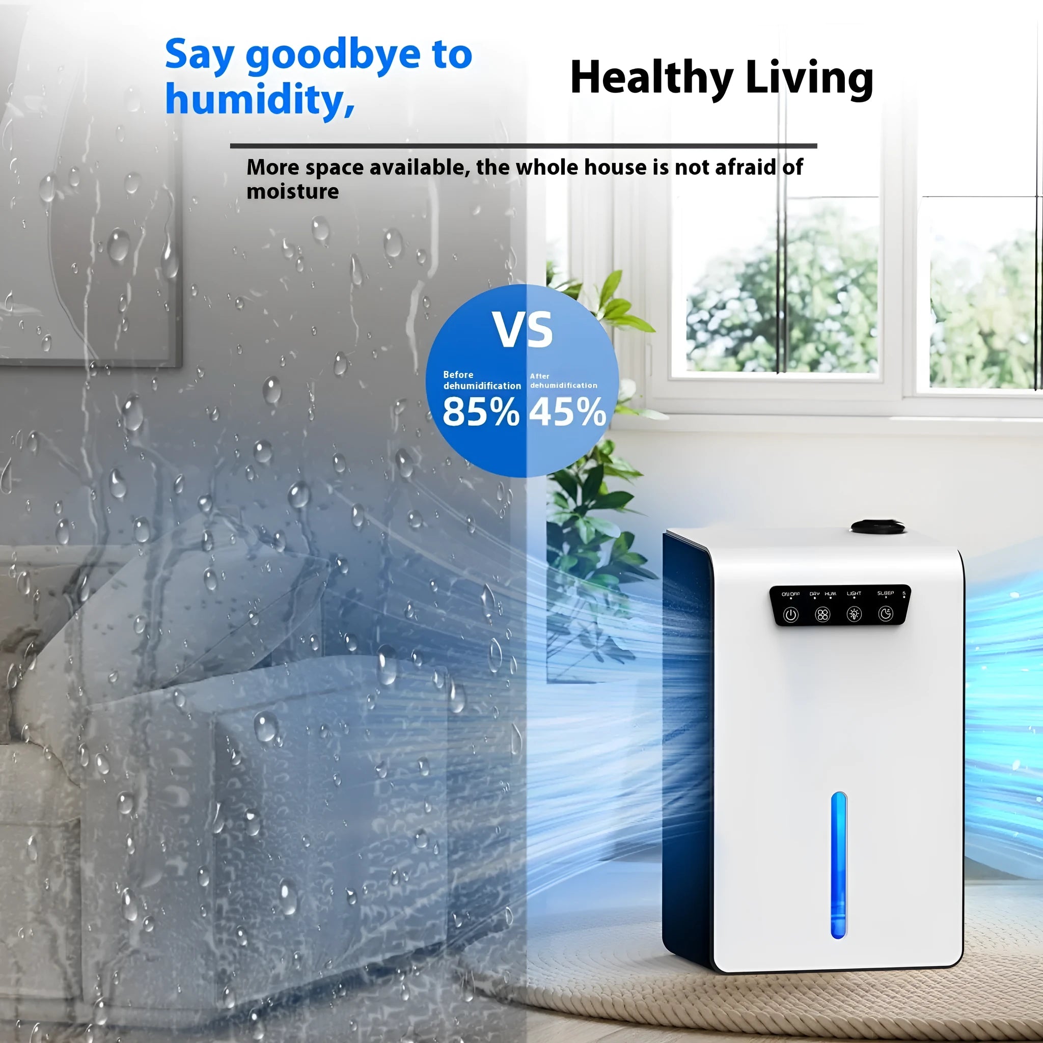 Milky white household dehumidifier unit on a floor, suitable for 10-20 square metre rooms.