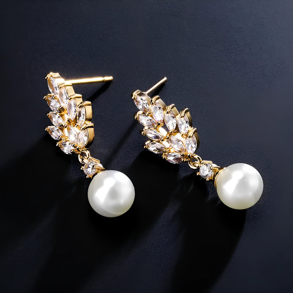 Geometric floral earrings with micro inlaid zircon in gold, platinum, or rose gold plated finish