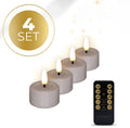 Four taupe coloured LED tealight candles showing flickering flame effect