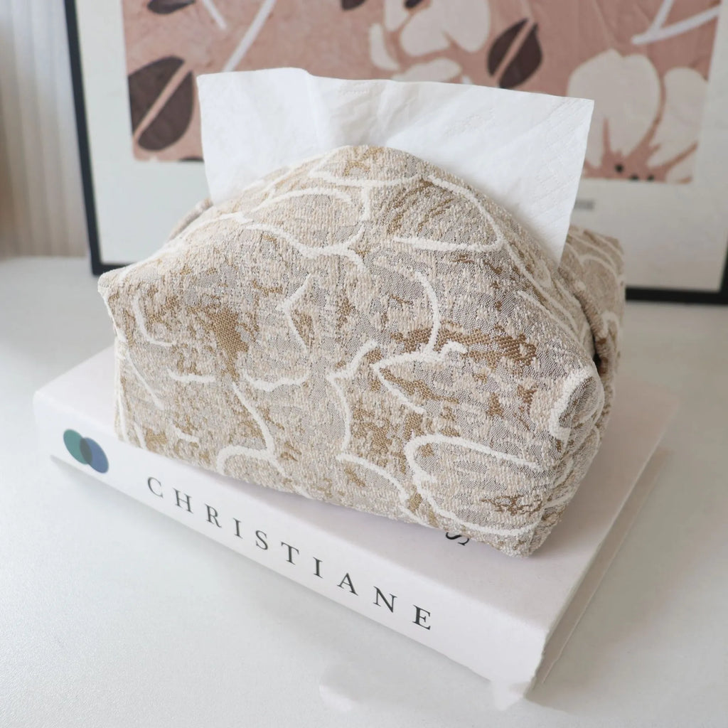 Chinese style pastoral rose fabric tissue box in cotton, 17cm long, shown in beige colour.